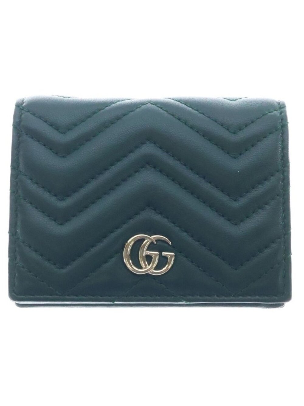 Gucci GG Marmont Compact Wallet Bifold Coin Purse Green Leather Gold
